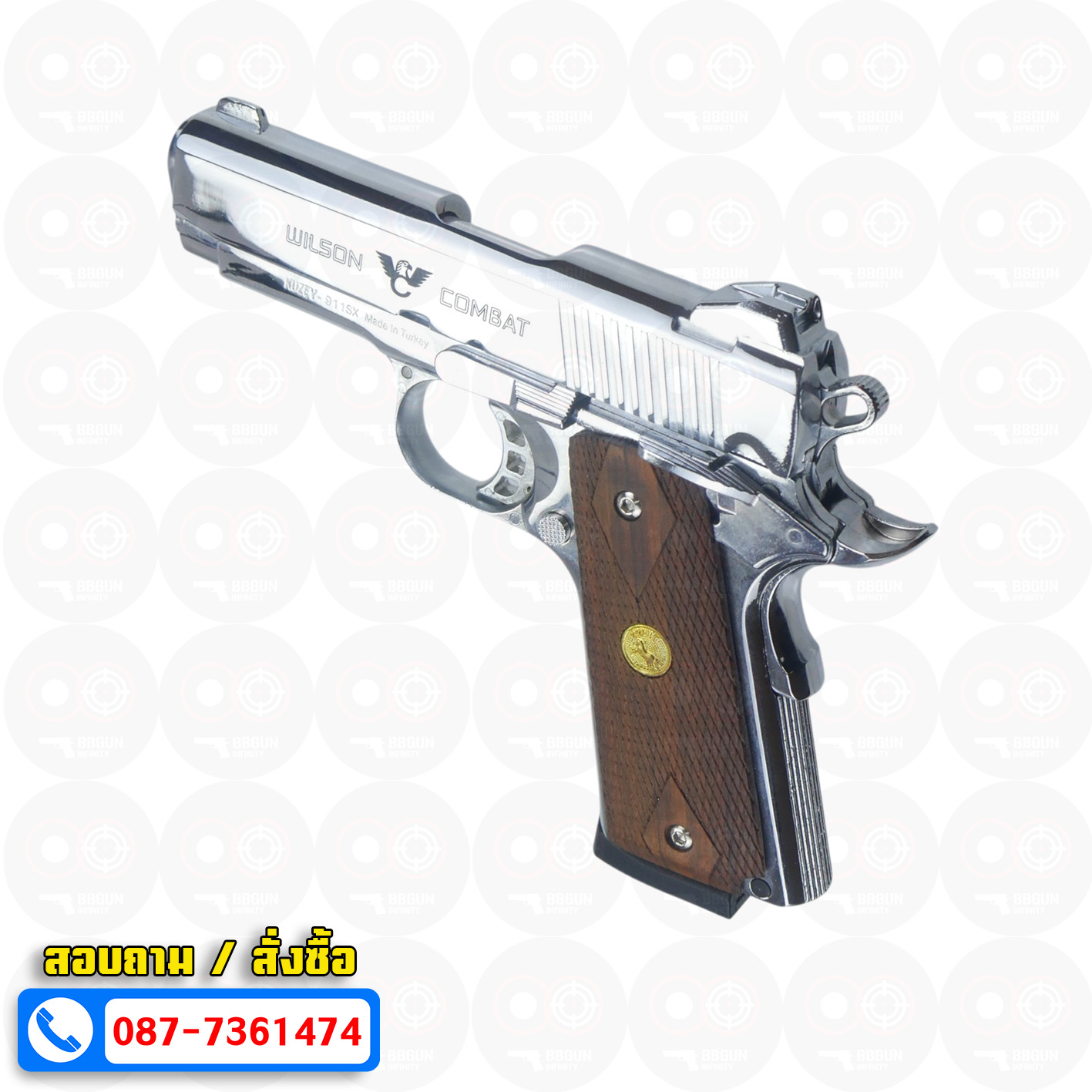 Blank Gun KUZEY M1911 WILSON COMBAT เงินเงา 4 นิ้ว แบลงค์กัน ด้ามไม้