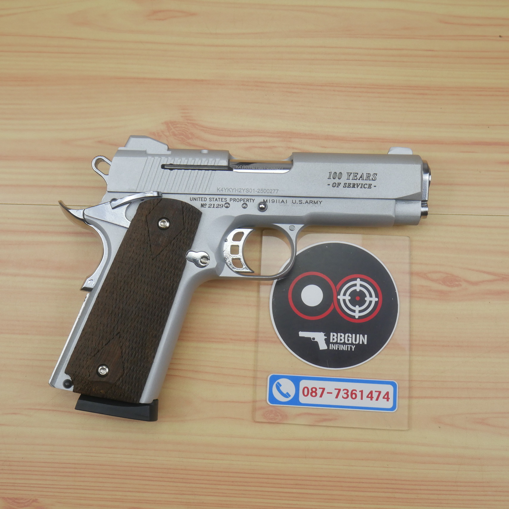 แบลงค์กัน KUZEY M1911 COLT'S 100 ปี สีเงินด้าน 4 นิ้ว ด้ามไม้ blank gun