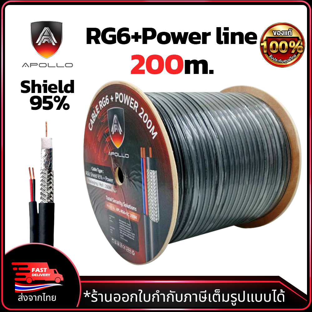 Apollo สายCoaxial Cable RG6+Power 200M สายสัญญาณกล้องวงจรปิด+สายไฟ Shield 95% สายอากาศทีวี