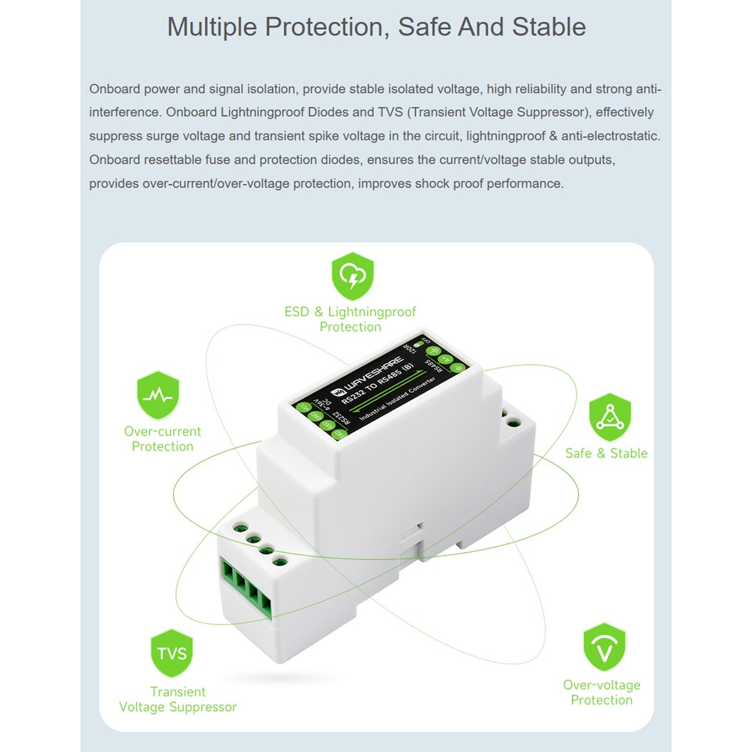 ZE201 WAVESHARE RS232 TO RS485 (D) with LED Converter Active Digital Isolator, Rail-Mount, 600W Lightningproof & Anti-Surge, Multi-isolation protection