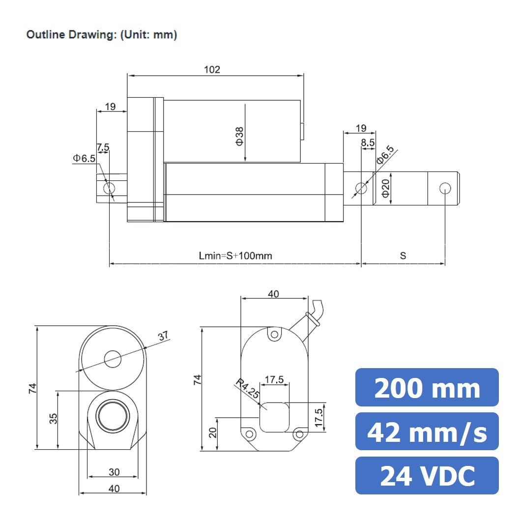 ZGB758 มอเตอร์ก้านชัก ระยะชัก 200mm 42mm/s 24VDC 125N Electric Linear Actuator Putter DC Stroke Length 200mm ZHENGKE พัตเตอร์ไฟฟ้า