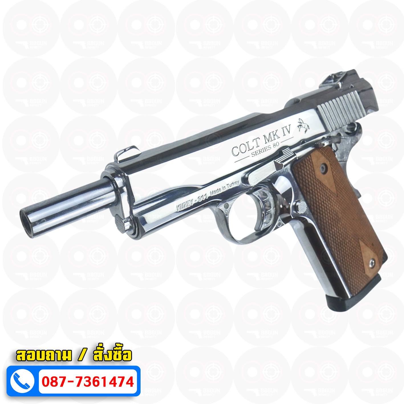 แบลงค์กัน KUZEY M1911 COLT'S MK IV SERIES 80 blank gun สีเงินเงา ลำกล้อง 5 นิ้ว ด้ามไม้