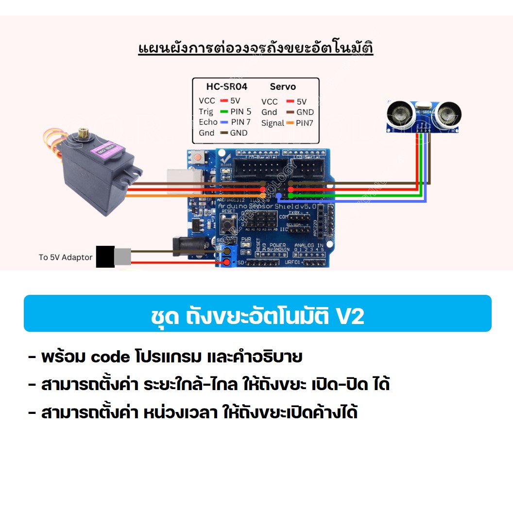(1ชุด) PJ-RF004 ชุด ถังขยะอัตโนมัติ V2 Arduino UNO R3 พร้อม Code และคำอธิบาย ชุดส่งเสริมการเรียนรู้ (เปิด-ปิด โดยใช้ Ultrasonic sensor และ servo)