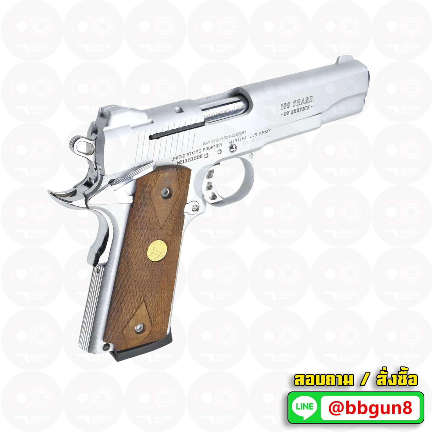 แบลงค์กัน KUZEY M1911 ลำกล้อง 5 นิ้ว COLT GOVERMENT 100 Year สีเงินด้าน blank gun ด้ามไม้