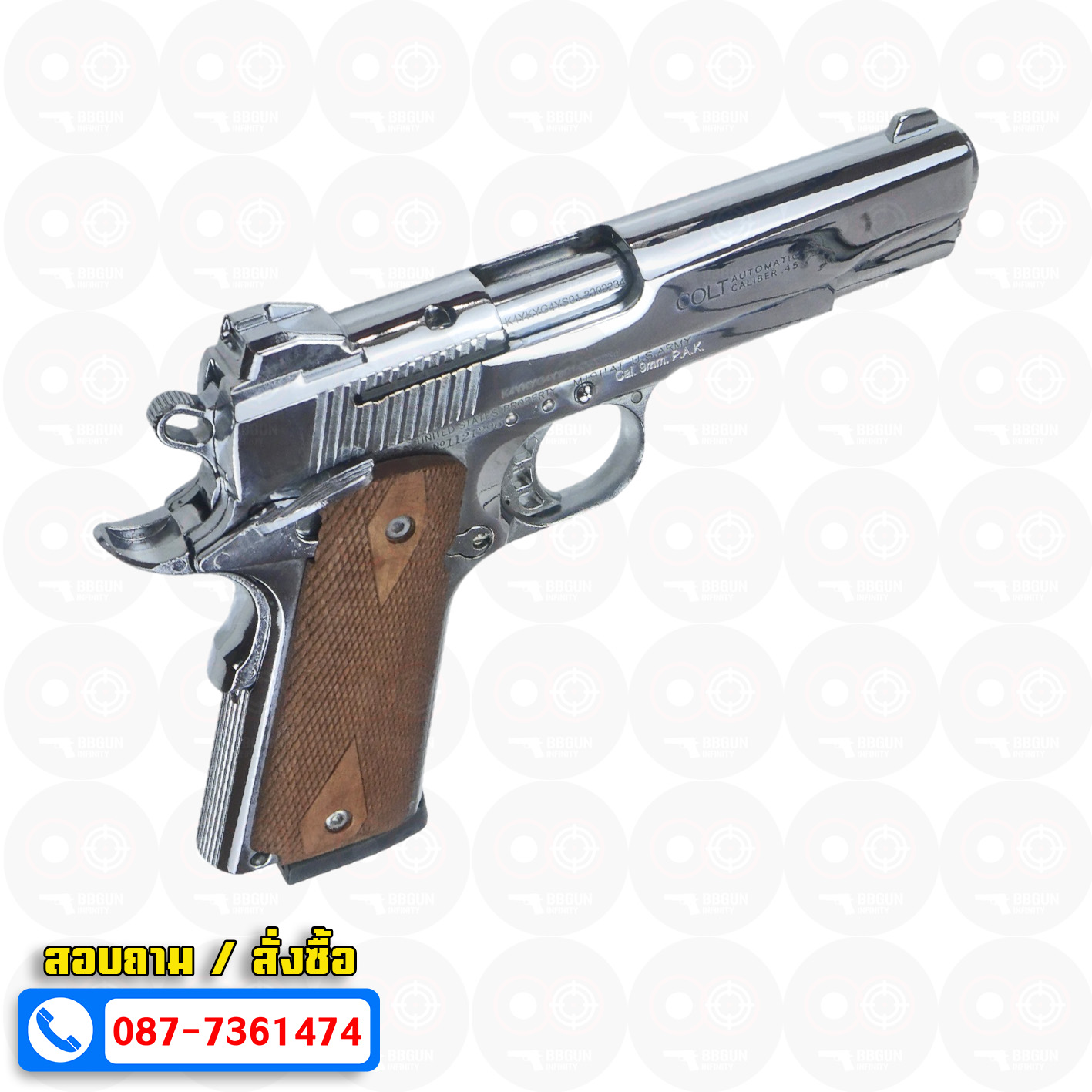 แบลงค์กัน KUZEY M1911 COLT'S MK IV SERIES 80 blank gun สีเงินเงา ลำกล้อง 5 นิ้ว ด้ามไม้