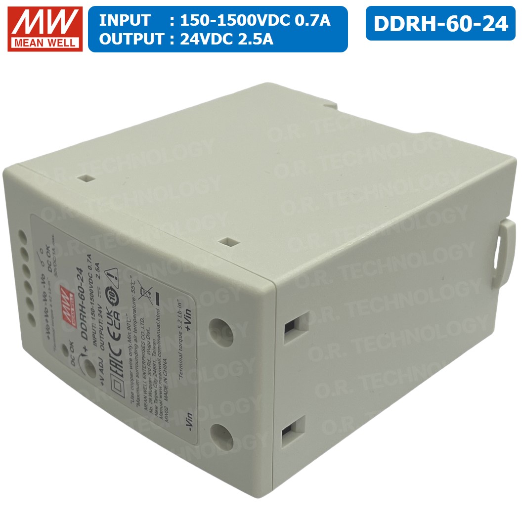 (1ชิ้น) MEAN WELL DDRH-60-24 24VDC 60W Ultra Wide Input DIN Rail Type DC-DC Converter (Input 150-1500V, Output 24V 2.5A) ตัวลดแรงดันไฟฟ้า ตัวแปลงแรงดันไฟฟ้า