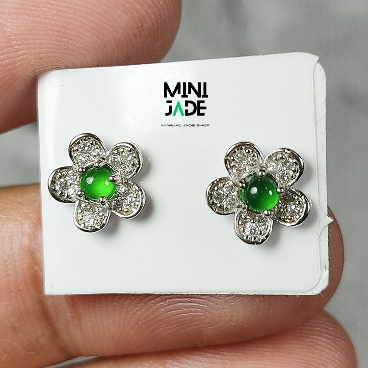 ต่างหูหยกjadeite เนื้อแก้วเขียวจักรพรรดิ ขนาด 3 มม