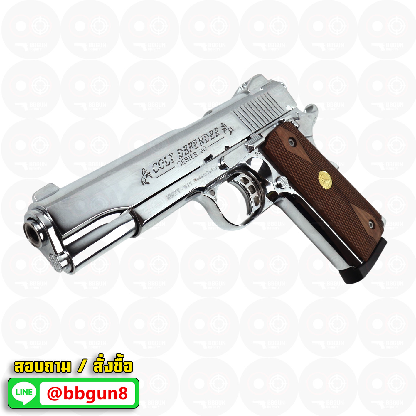 Blank Gun KUZEY M1911 COLT'S DEFENDER SERIES 90 ลำกล้อง 5 นิ้ว เงินเงา แบลงค์กัน ด้ามไม้