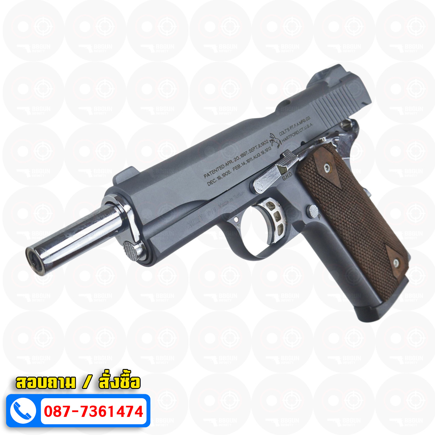 แบลงค์กัน KUZEY M1911 COLT'S 100 ปี สีสโมค ลำกล้อง 5 นิ้ว blank gun ด้ามไม้ (แถมกล่องใส่ปืน)