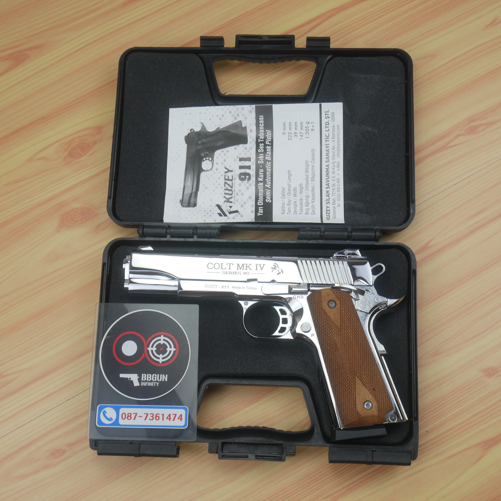 แบลงค์กัน KUZEY M1911 COLT'S MK IV SERIES 80 blank gun สีเงินเงา ลำกล้อง 5 นิ้ว ด้ามไม้