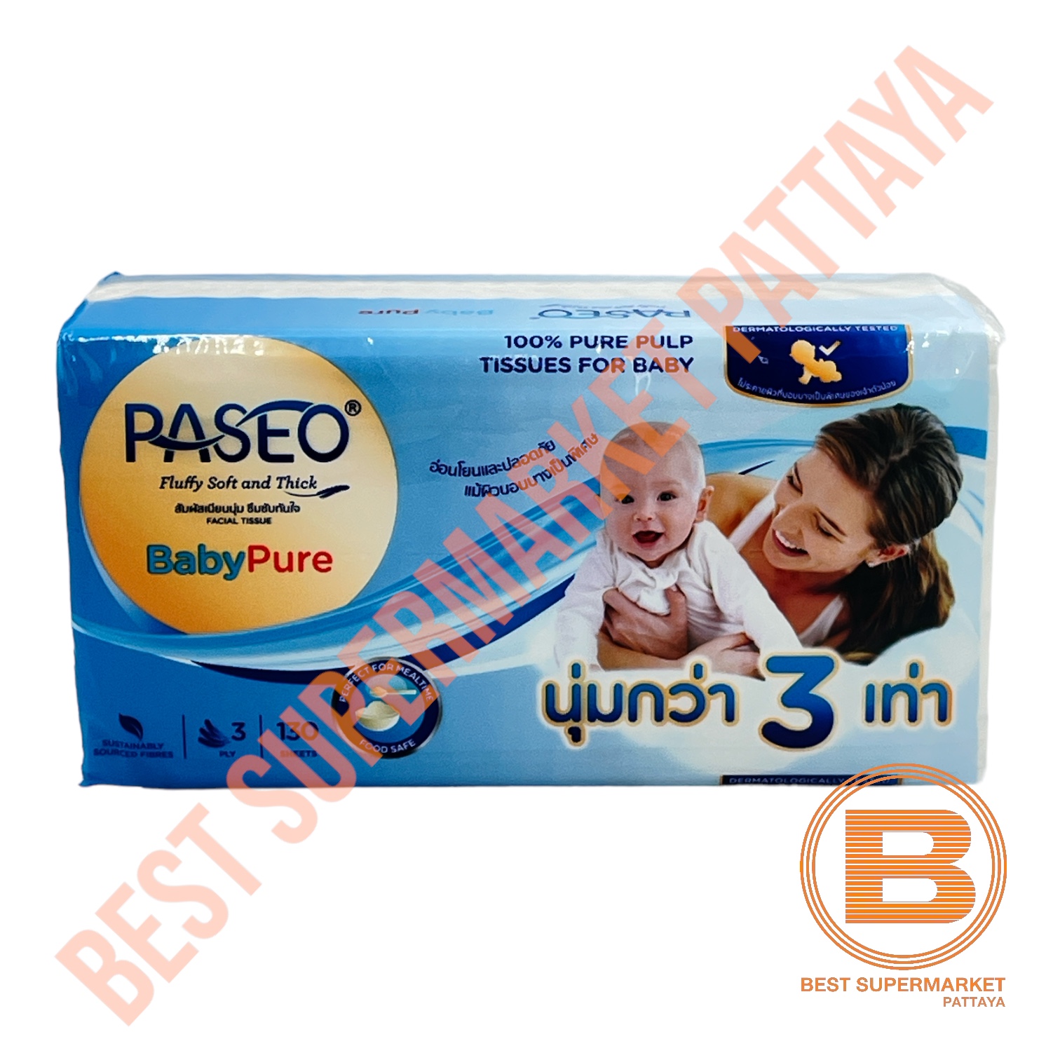 [แพ็ค 4 ห่อ]พาซิโอ กระดาษทิชชู่ หนา 3 ชั้น 130 แผ่น [Pack 4]Paseo Facial Tissue 3 Ply 130 Sheets