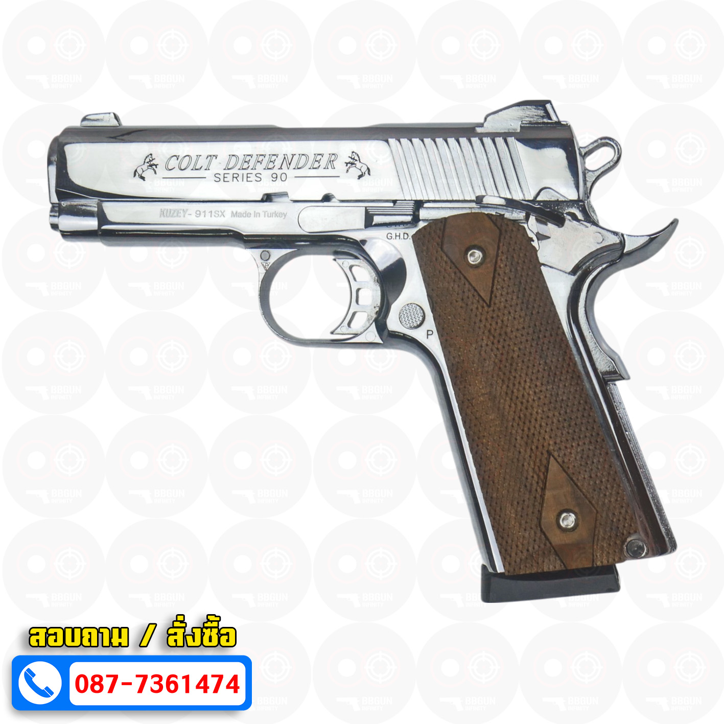 แบลงค์กัน KUZEY M1911 COLT'S DEFENDER SERIES 90 สีเงินเงา 4 นิ้ว ด้ามไม้ Blank Gun