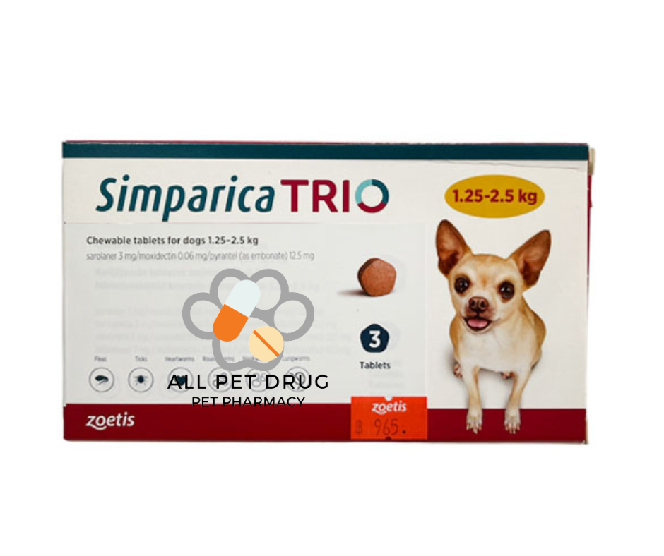 Simparica TRIO 1.25 - 2.5 Kg ( 1 กล่อง /3 เม็ด)ยาป้องกันเห็บหมัดและพยาธิ สำหรับสุนัข