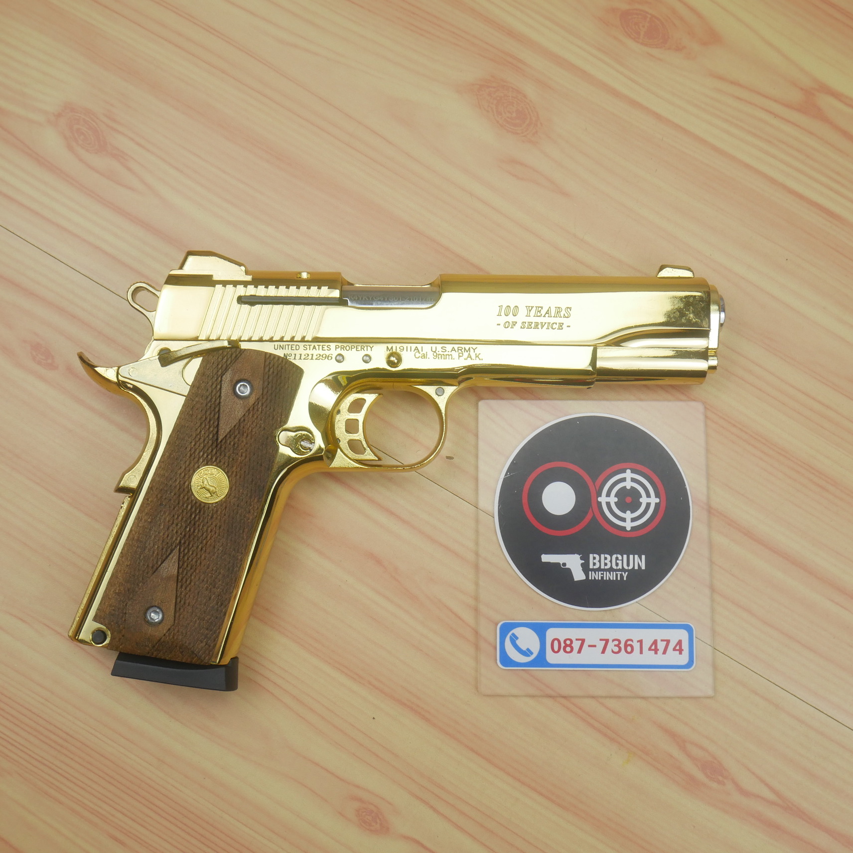 แบลงค์กัน KUZEY M1911 5 นิ้ว COLT GOVERMENT 100 Year สีทอง blank gun ด้ามไม้