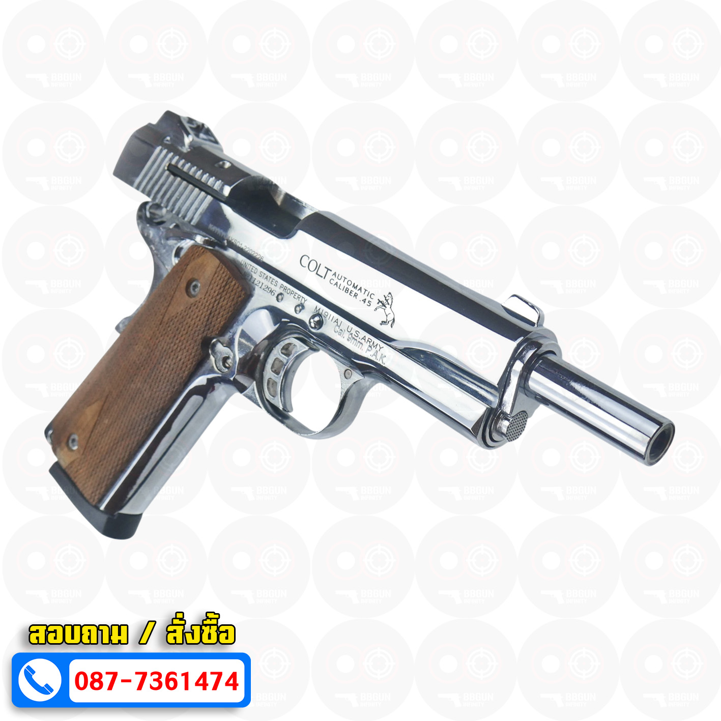 แบลงค์กัน KUZEY M1911 COLT MK IV SR70 สีเงินเงา 5 นิ้ว ด้ามไม้ blank gun