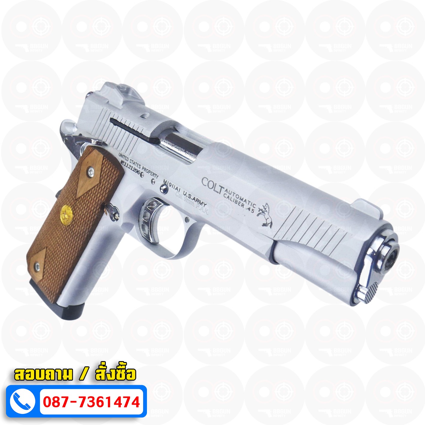แบลงค์กัน KUZEY M1911 COLT MK IV SR70 สีเงินด้าน 5 นิ้ว ด้ามไม้ (แถมกล่องใส่ปืน) blank gun