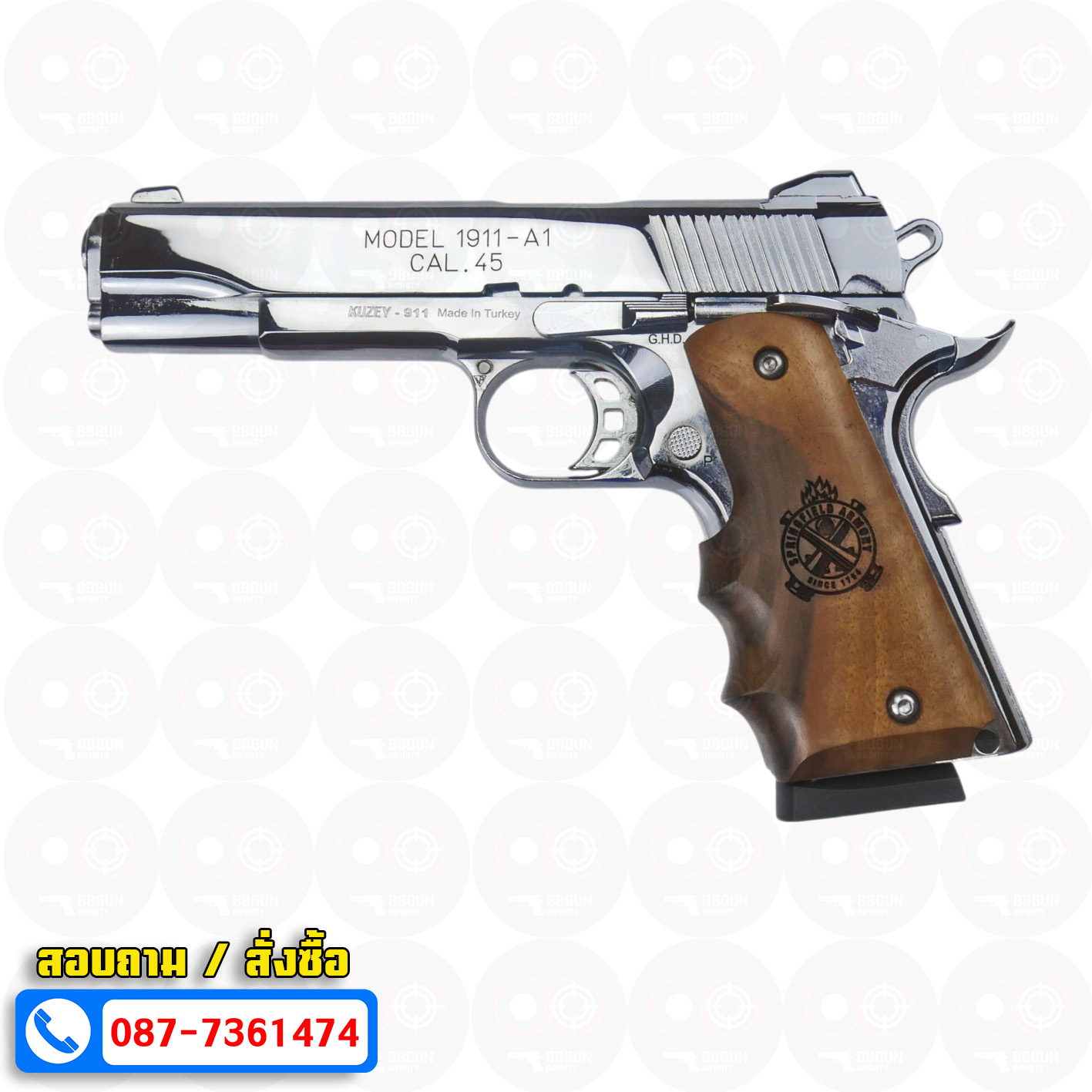 แบลงค์กัน KUZEY M1911-A1 ลำกล้อง 5 นิ้ว SPRINGFIELD ARMORY สีเงินเงา blank gun ด้ามไม้ (แถมกล่องใส่ปืน)
