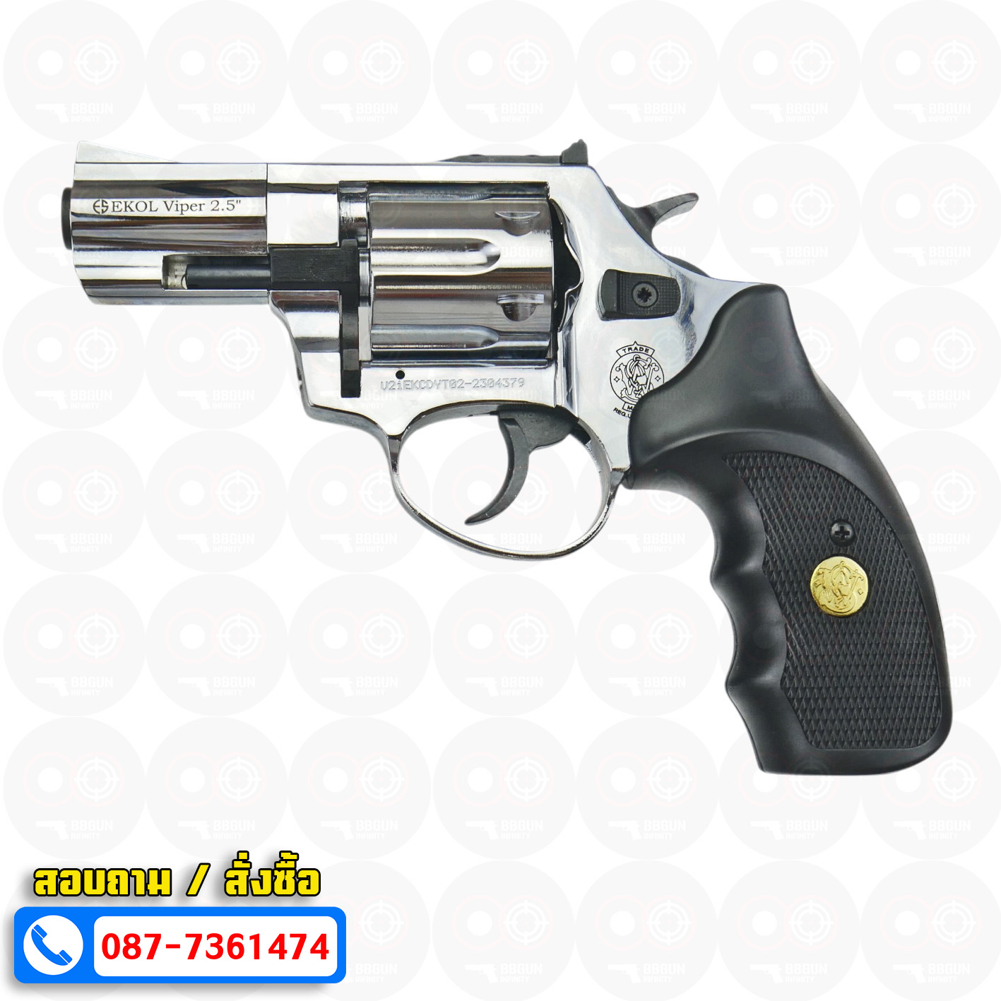 แบลงค์กัน ลูกโม่ 2.5 นิ้ว สีเงินเงา ด้ามกระดุมทอง EKOL VIPER 2.5 SHIMY CHROME Smith & Wesson Revolver BLANK GUN