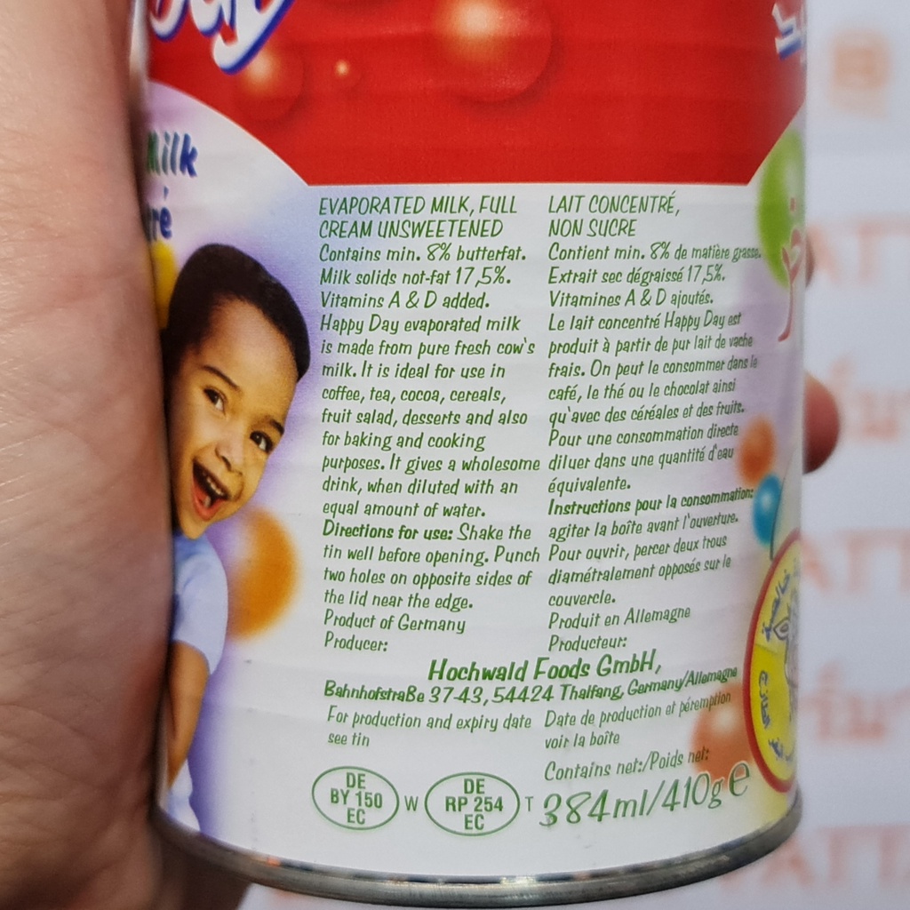 แฮปปี้ เดย์ นมข้นจืด 410 กรัม นำเข้าจากประเทศเนเธอร์แลนด์ Happy Day Evaporated Milk 410 g.