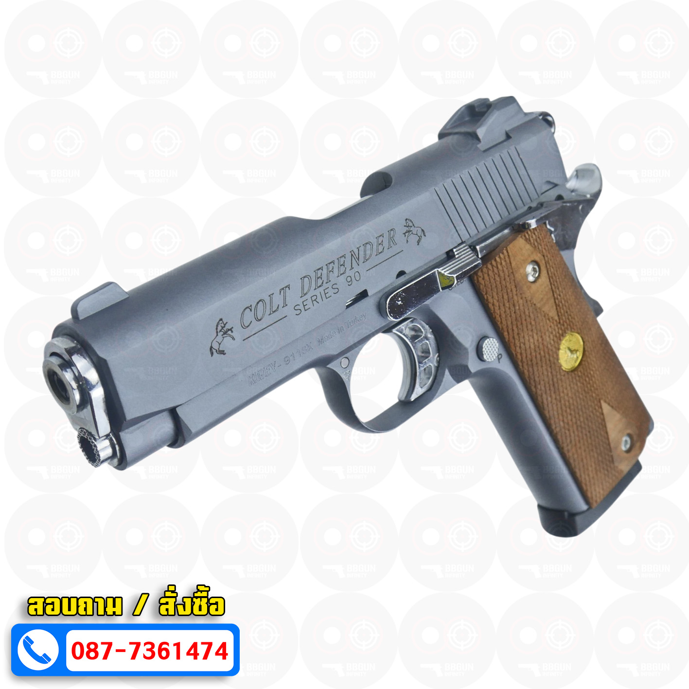 แบลงค์กัน KUZEY M1911 COLT'S DEFENDER SERIES 90 สีสโมค 4 นิ้ว ด้ามไม้ Blank Gun
