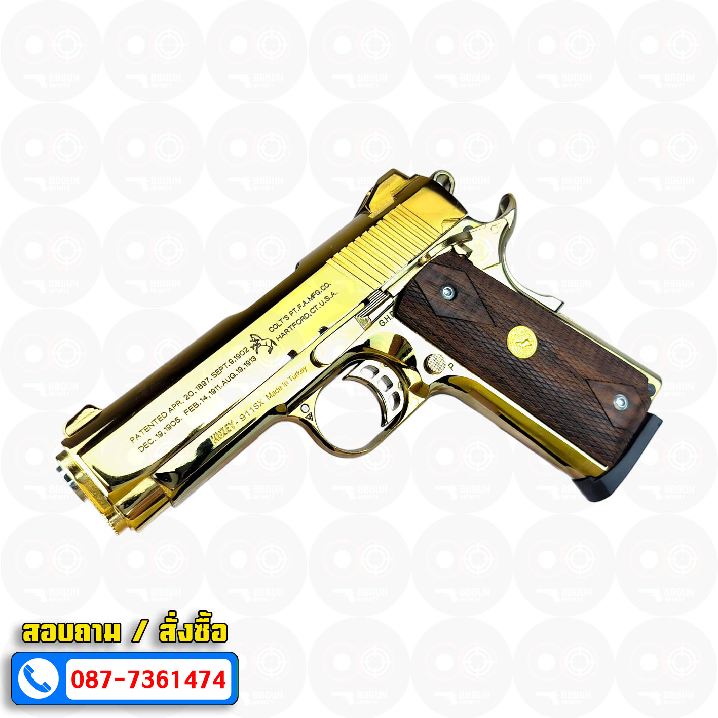 Blank Gun KUZEY M1911 COLT'S 100 ปี สีทอง 4 นิ้ว แบลงค์กัน ด้ามไม้