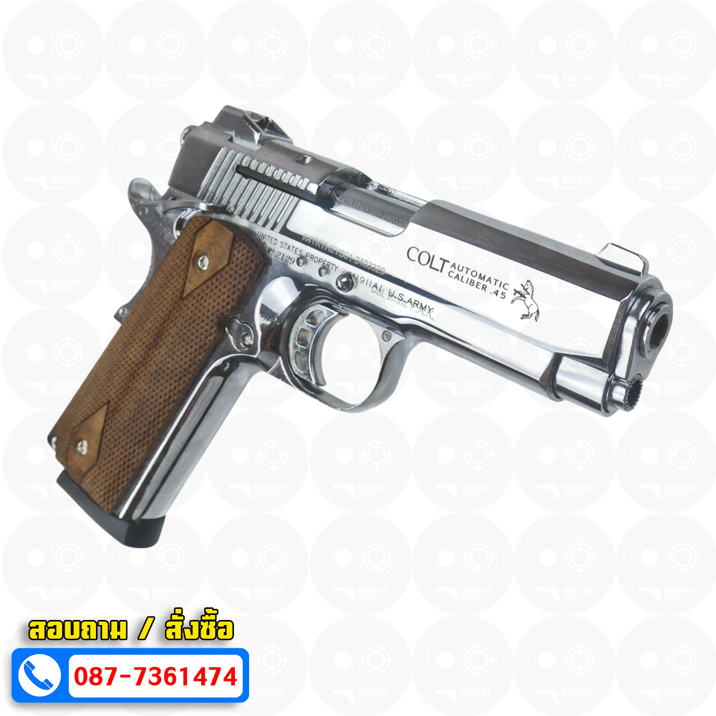 แบลงค์กัน KUZEY M1911 COLT'S DEFENDER SERIES 90 สีเงินเงา 4 นิ้ว ด้ามไม้ Blank Gun