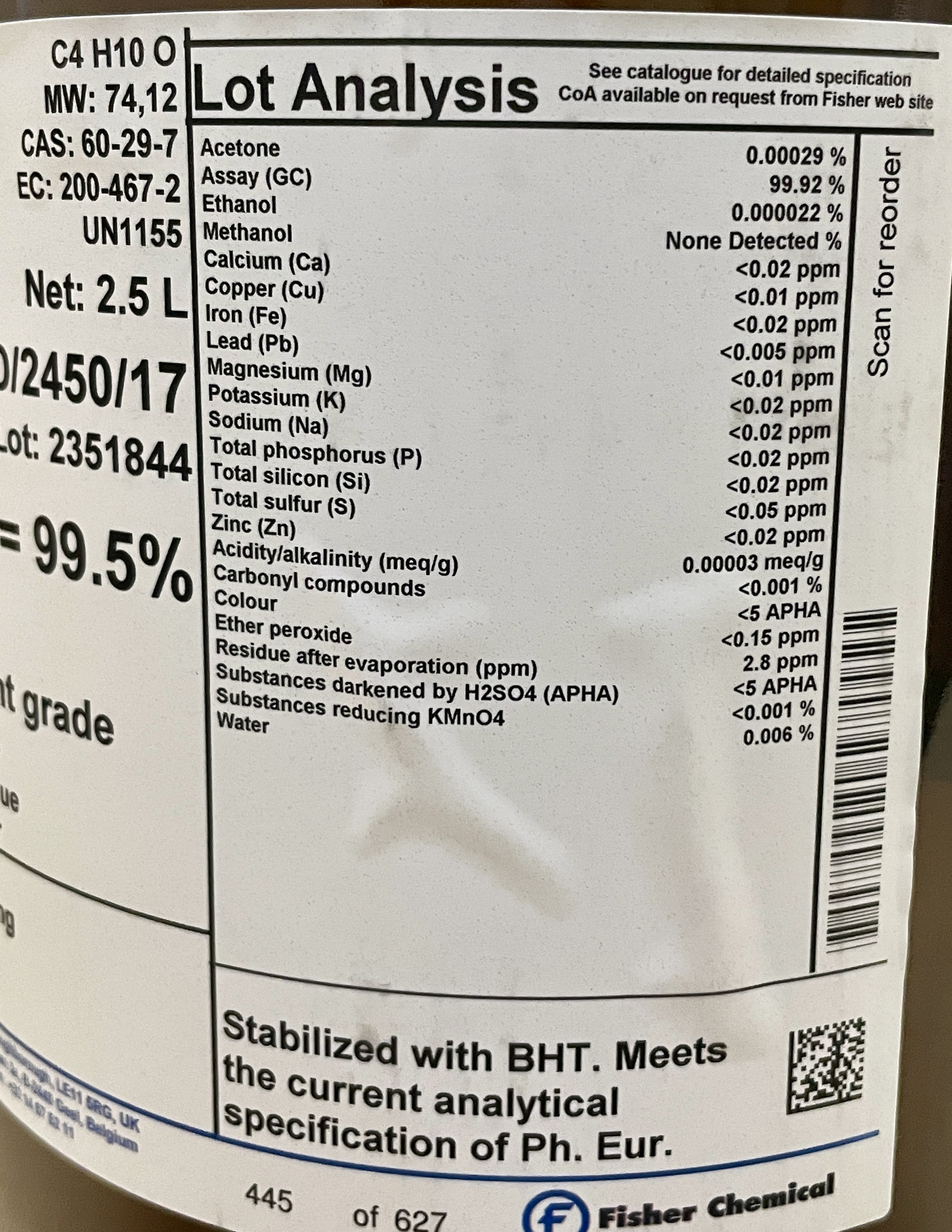 Diethyl Ether, Certified AR for Analysis, Stabilised with BHT, meets analytical specification of Ph.Eur, 2.5 L,Fisher Chemical™ D/2450/17