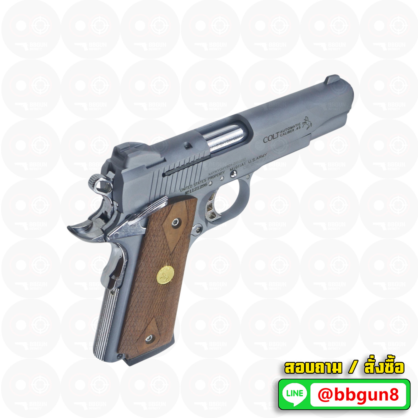 Blank Gun KUZEY M1911 COLT'S DEFENDER SERIES 90 ลำกล้อง 5 นิ้ว สีสโมค แบลงค์กัน ด้ามไม้ (แถมกล่องใส่ปืน)