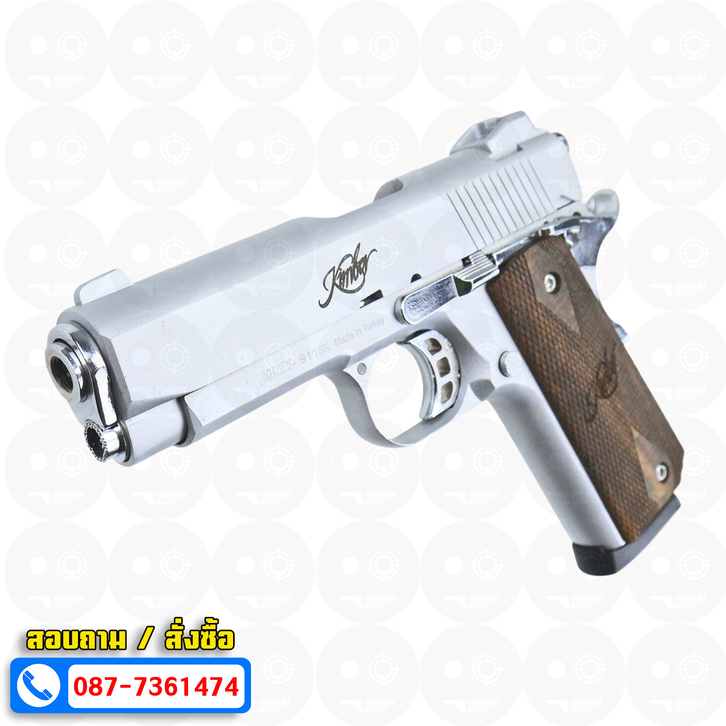 Blank Gun KUZEY Kimber 1911 ลํากล้อง 4 นิ้ว เงินด้าน แบลงค์กัน ด้ามไม้ (แถมกล่องใส่ปืน)
