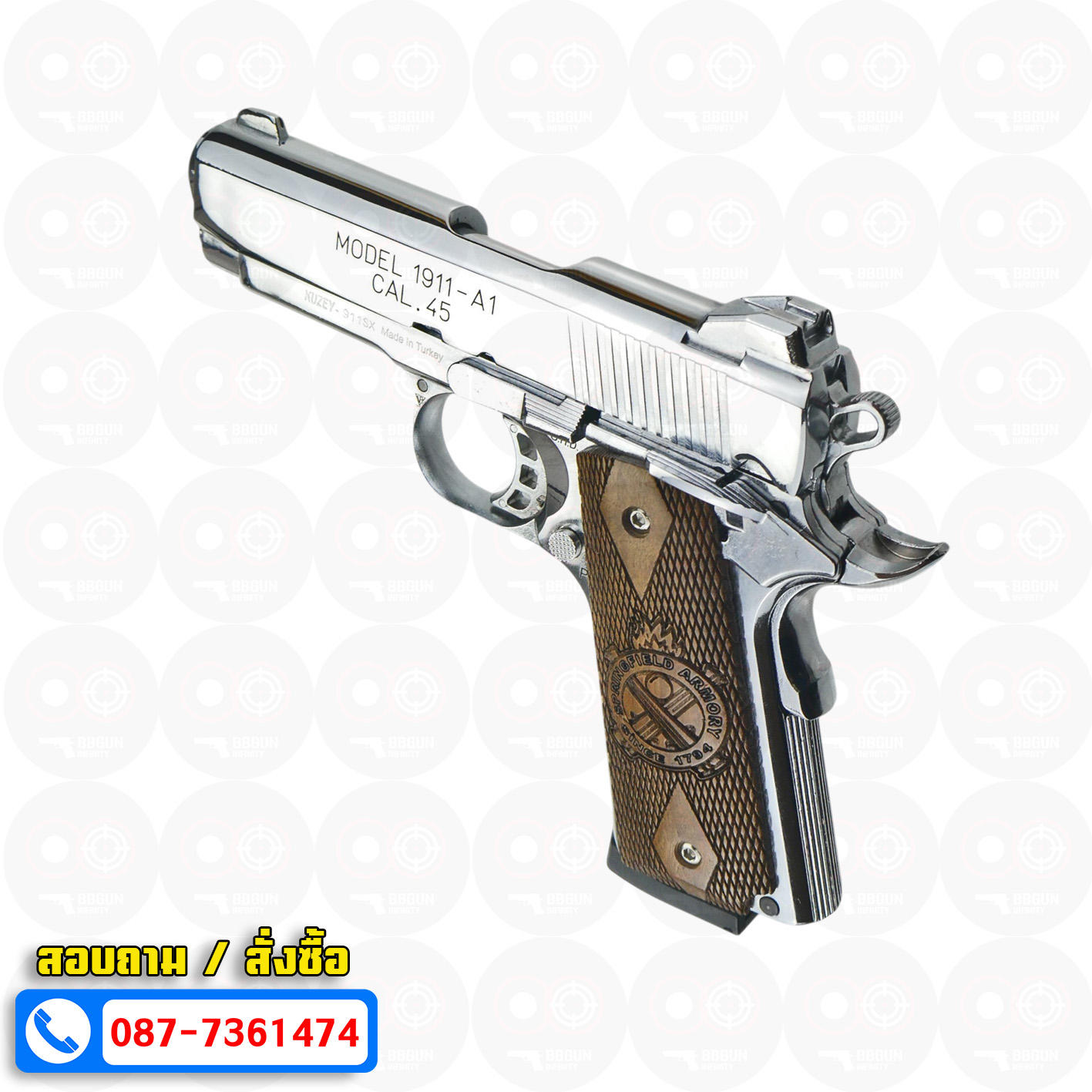 แบลงค์กัน KUZEY M1911-A1 ลำกล้อง 4 นิ้ว SPRINGFIELD ARMORY สีเงินเงา blank gun ด้ามไม้ (แถมกล่องใส่ปืน)