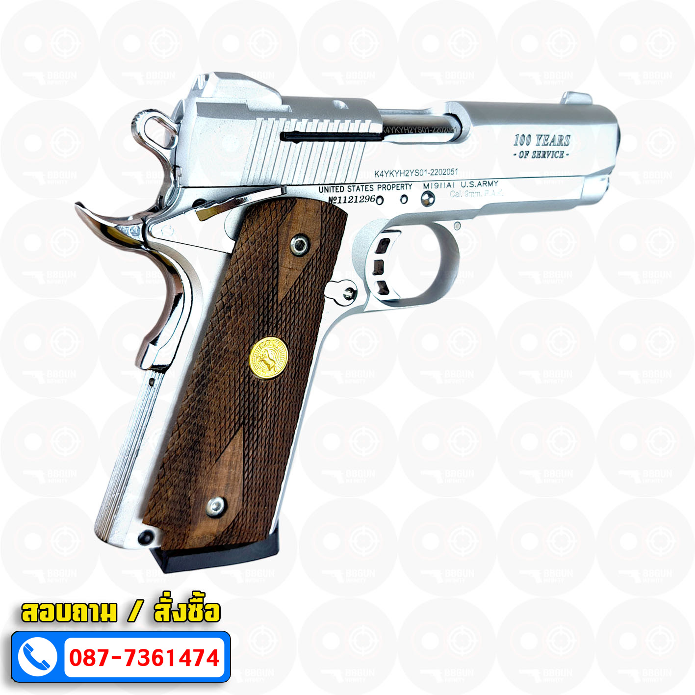 Blank Gun KUZEY M1911 COLT'S 100 ปี สีเงินด้าน 4 นิ้ว แบลงค์กัน ด้ามไม้