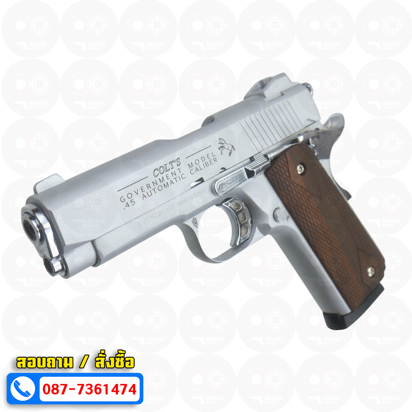 แบลงค์กัน KUZEY M1911 COLT GOVERMENT 100 Year เงินด้าน 4 นิ้ว ด้ามไม้ blank gun