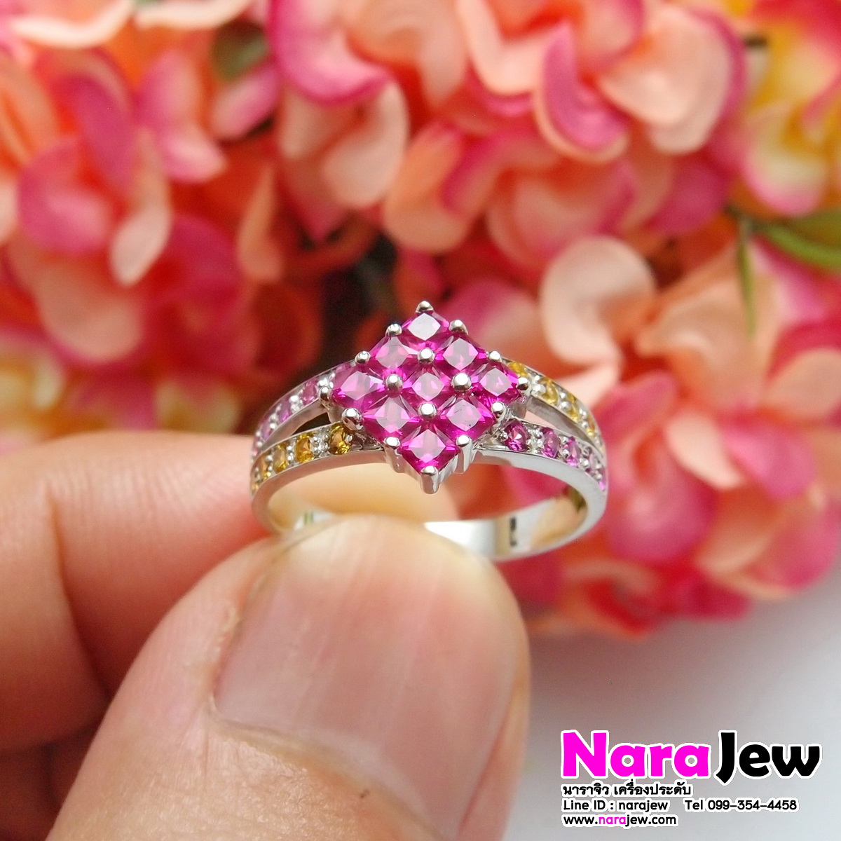 แหวนพิงค์แซฟไฟร์ Pink sapphire ประดับพลอยบุษราคัม แบบแหวนหน้ากว้างใส่เต็มนิ้ว