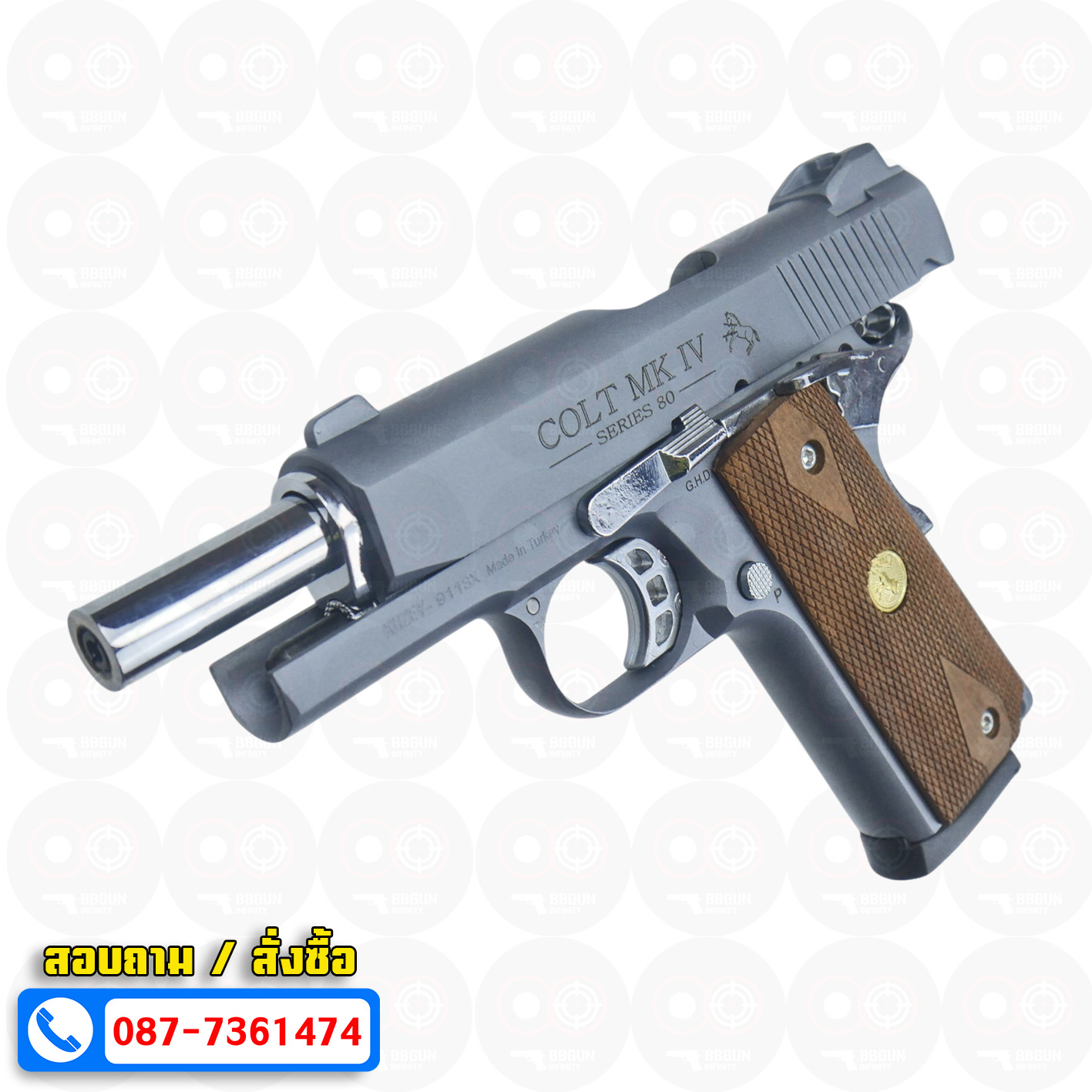 แบลงค์กัน KUZEY M1911 COLT MK IV SERIES 80 Smoke 4 นิ้ว สีสโมค ด้ามไม้ Blank Gun