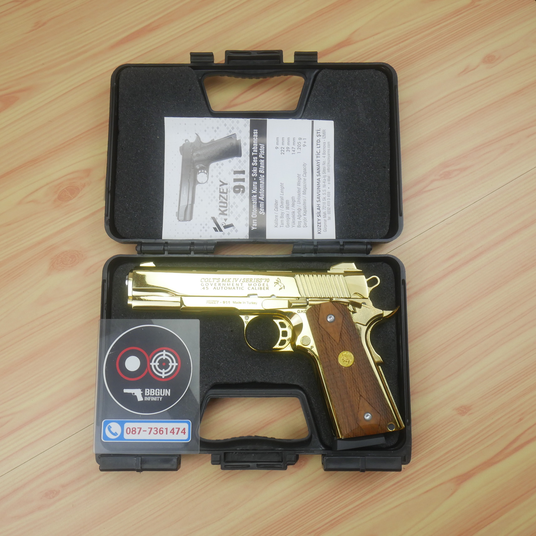 แบลงค์กัน KUZEY M1911 ลำ 5 นิ้ว COLT'S MK IV SERIES'70 blank gun สีทอง ด้ามไม้