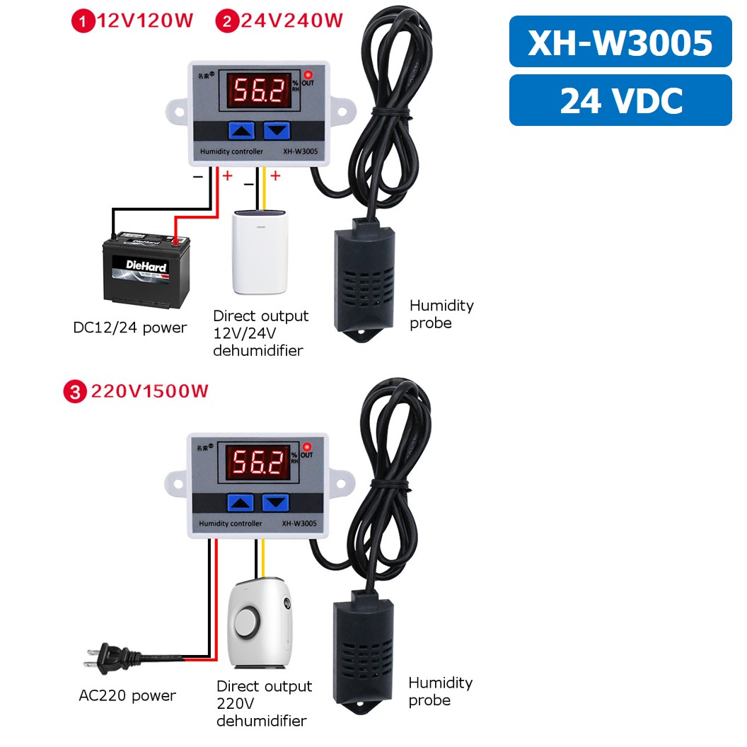 XH-W3005 24VDC เครื่องควบคุมอุณหภูมิ และความชื้น Digital Temperature and Humidity Controller Thermostat Switch Probe DC 24V