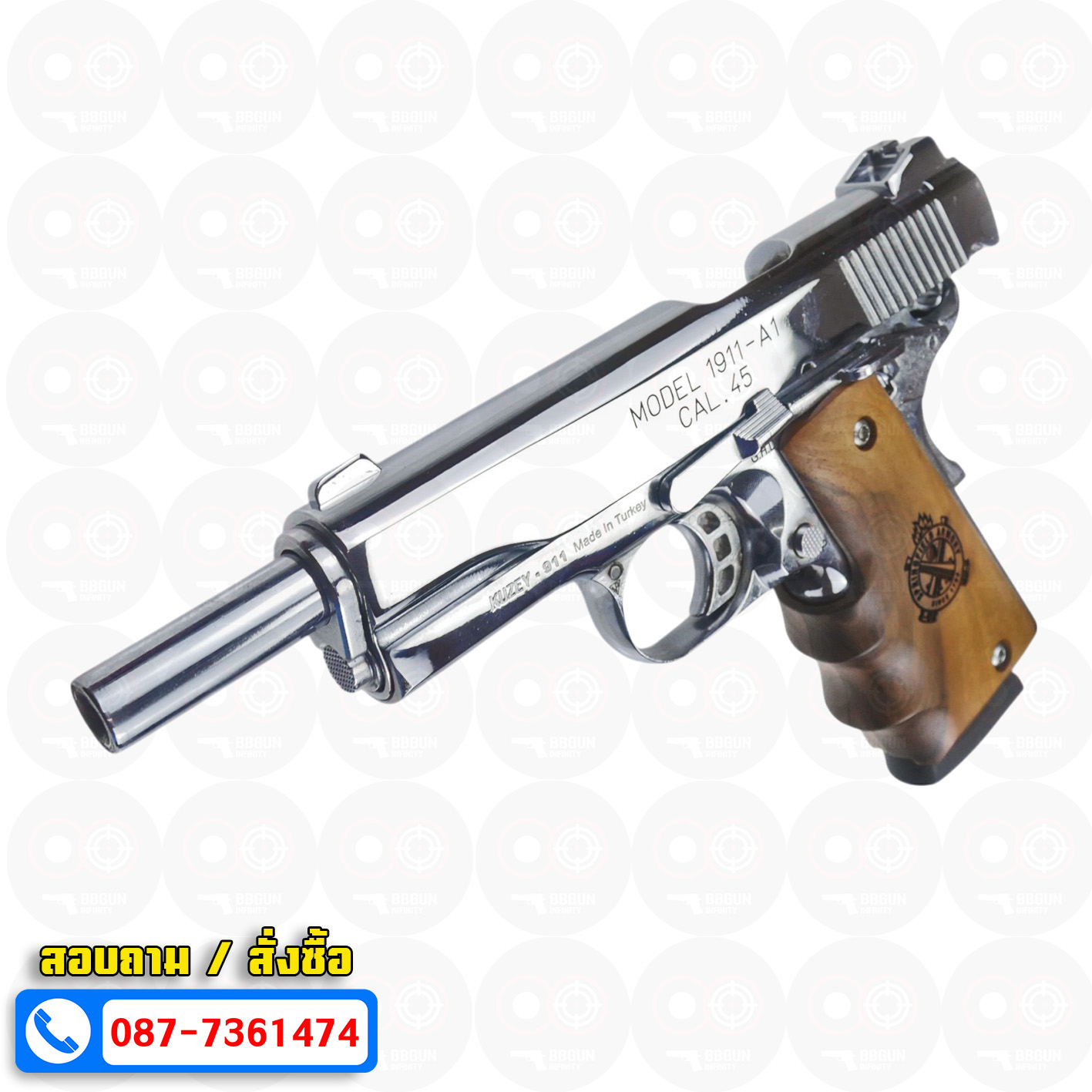 แบลงค์กัน KUZEY M1911-A1 ลำกล้อง 5 นิ้ว SPRINGFIELD ARMORY สีเงินเงา blank gun ด้ามไม้ (แถมกล่องใส่ปืน)