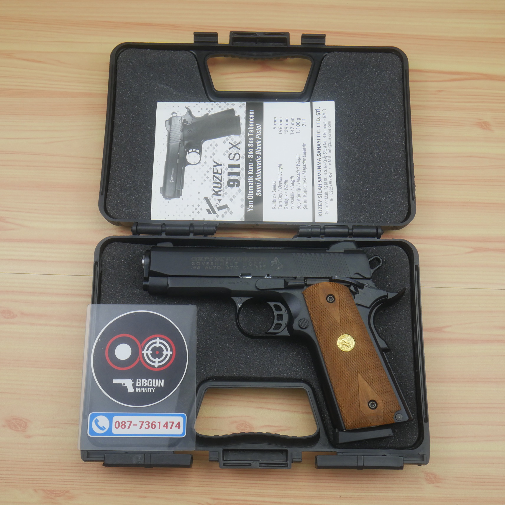 แบลงค์กัน KUZEY M1911 COLT MK IV SR70 สีดำ 4 นิ้ว ด้ามไม้ กระดุมทอง blank gun