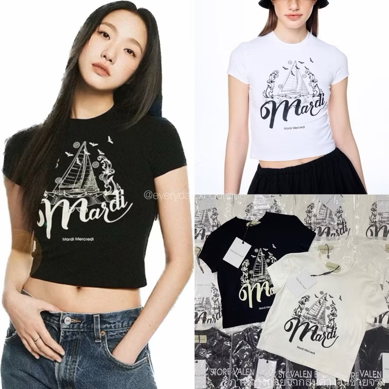 Mardi crop top🤍🖤เสื้อCrop สุดคิ้วท์ พิมพ์ลาย คอลใหม่ทรงครอปสวยกำลังพอดี