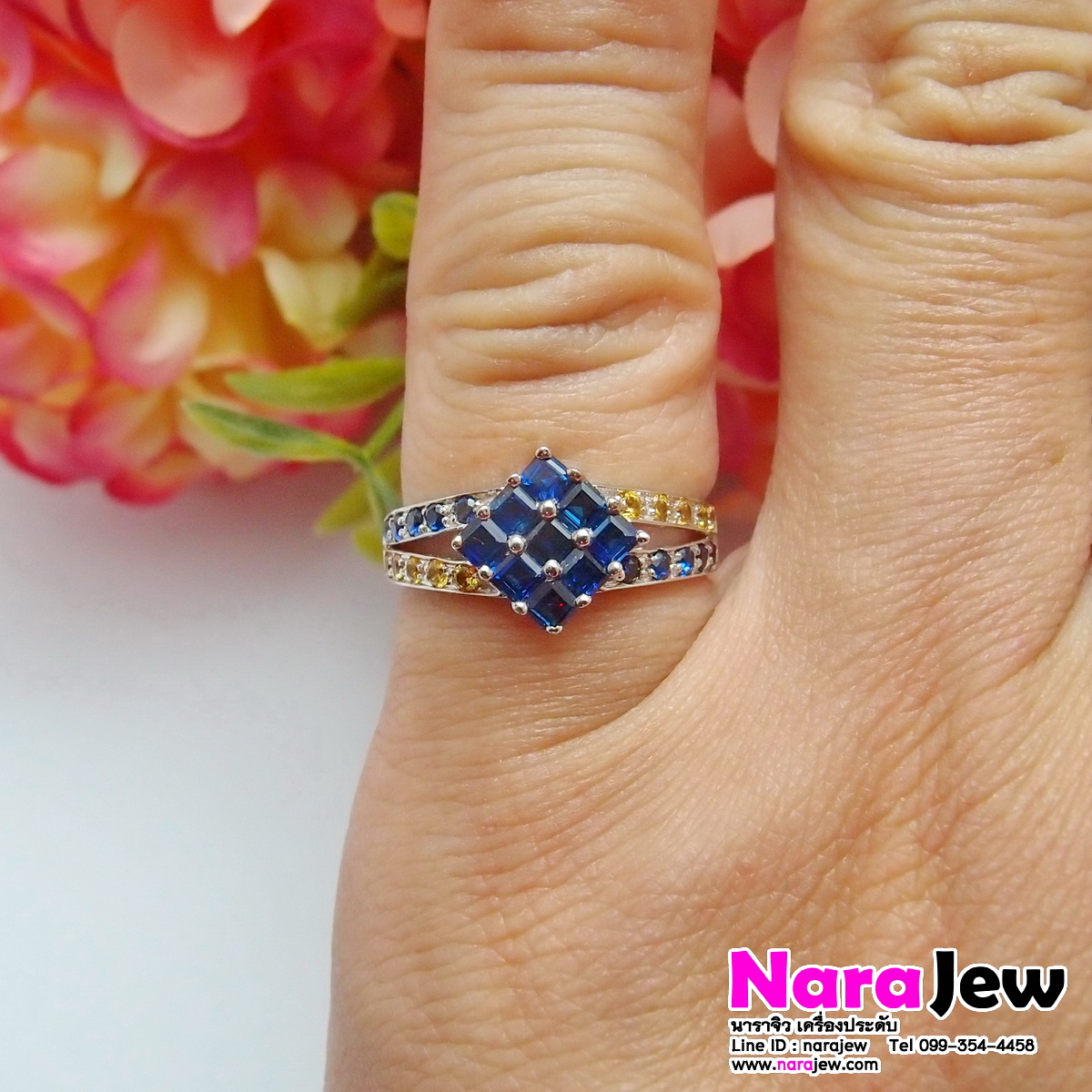 แหวนไพลิน ประดับพลอยบุษราคัม White Gold14K แบบแหวนหน้ากว้าง ใส่สวยเต็มนิ้ว