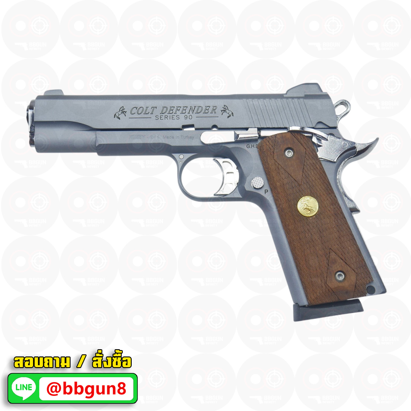 Blank Gun KUZEY M1911 COLT'S DEFENDER SERIES 90 ลำกล้อง 5 นิ้ว สีสโมค แบลงค์กัน ด้ามไม้ (แถมกล่องใส่ปืน)