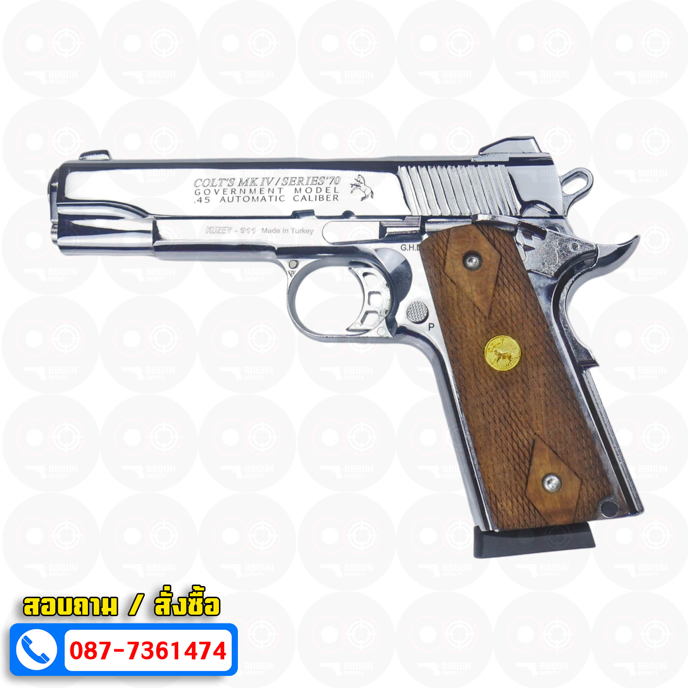 แบลงค์กัน KUZEY M1911 COLT MK IV SR70 สีเงินเงา 5 นิ้ว ด้ามไม้ (แถมกล่องใส่ปืน) blank gun
