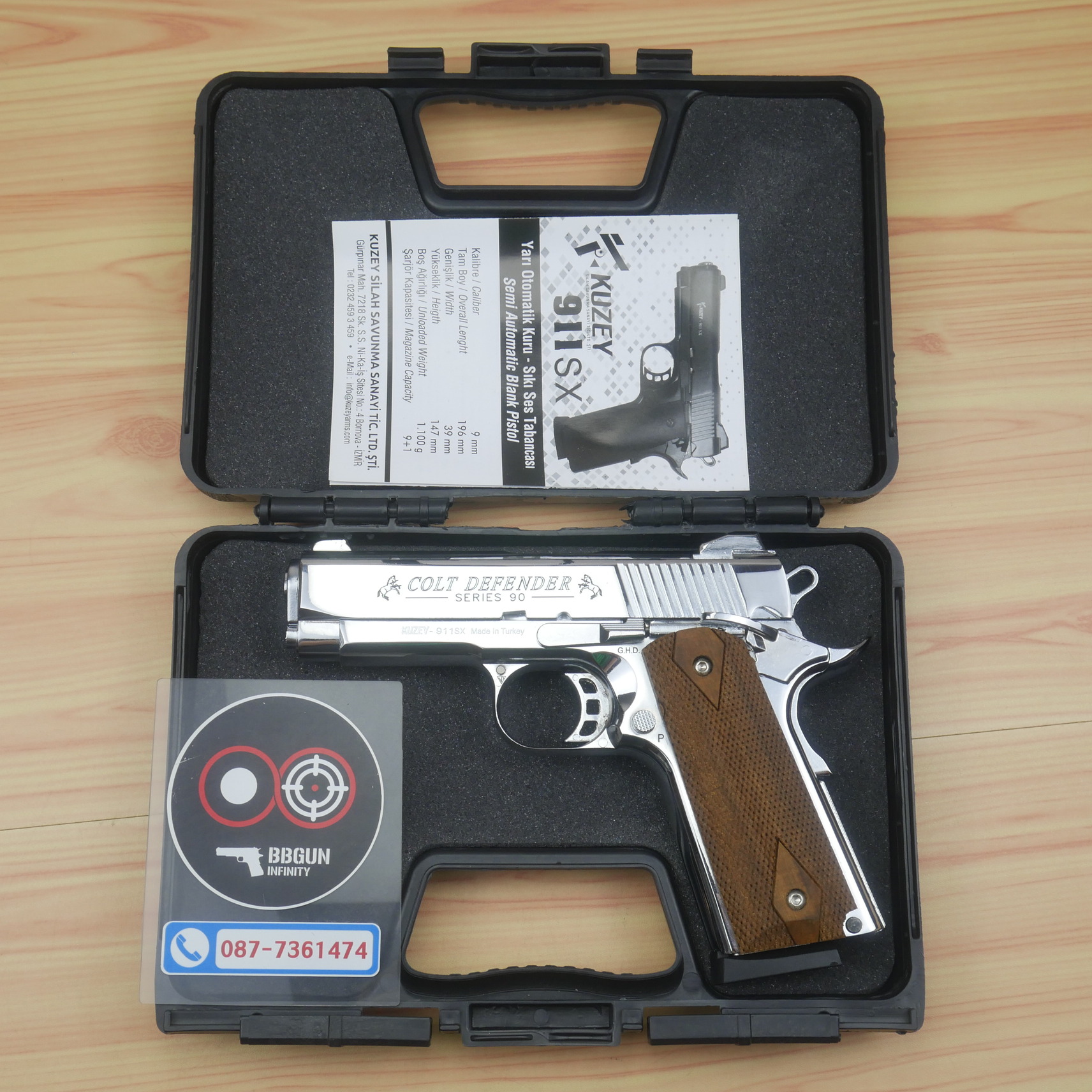แบลงค์กัน KUZEY M1911 COLT'S DEFENDER SERIES 90 สีเงินเงา 4 นิ้ว ด้ามไม้ Blank Gun