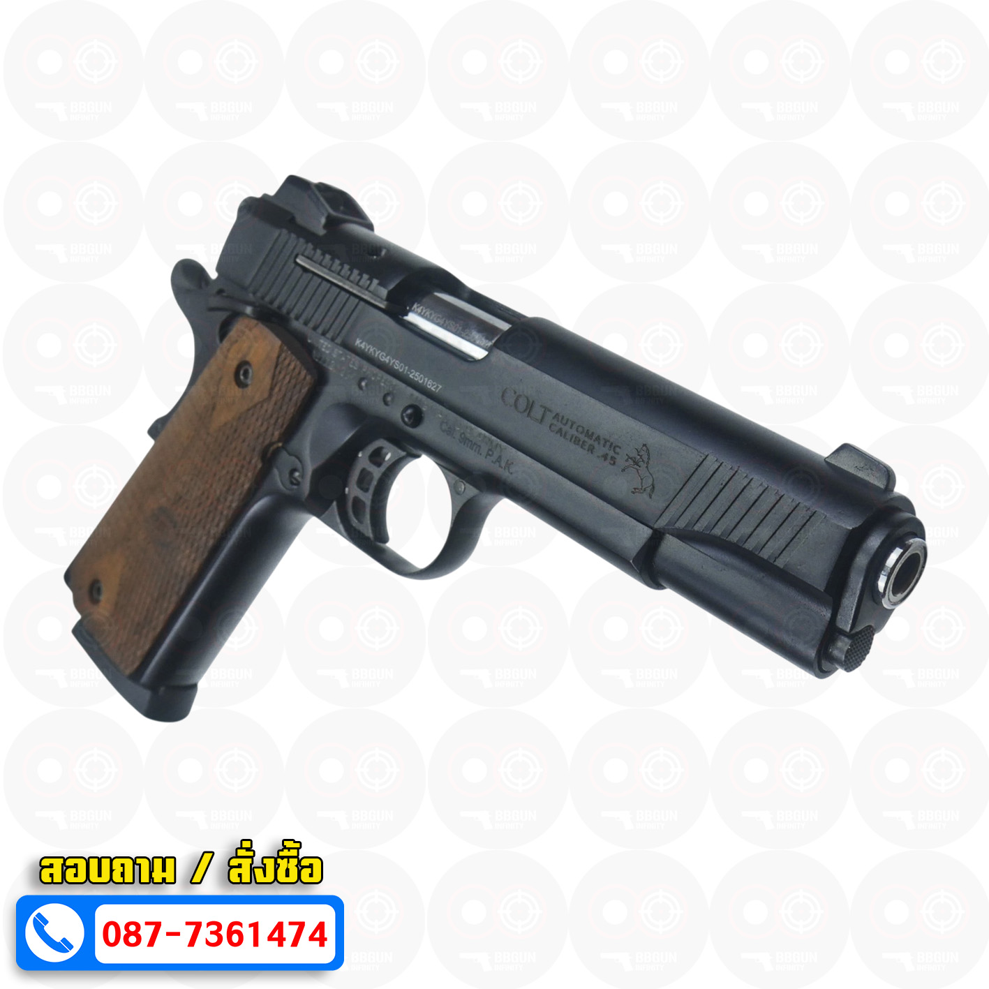 แบลงค์กัน KUZEY M1911 COLT'S MK IV SERIES'70 สีดำ ลำกล้อง 5 นิ้ว ด้ามไม้ blank gun