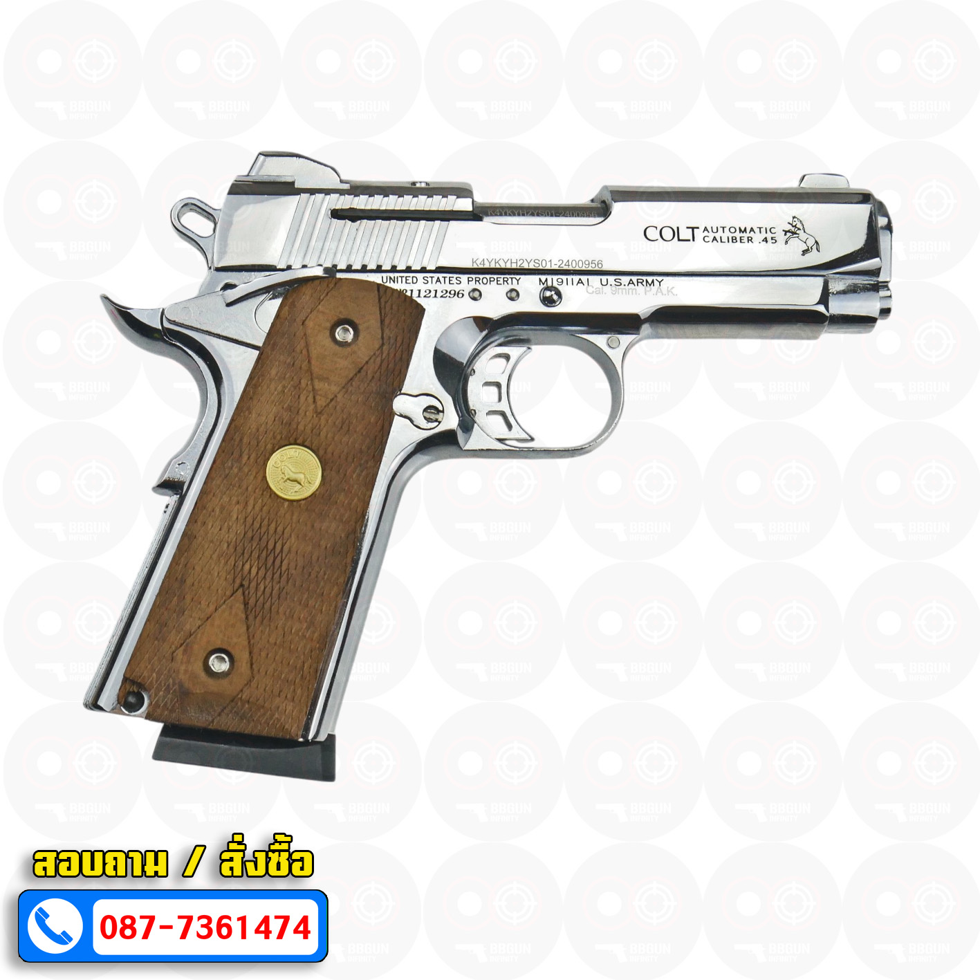 Blank Gun KUZEY M1911 COLT'S DEFENDER SERIES 90 ลำกล้อง 4 นิ้ว เงินเงา แบลงค์กัน ด้ามไม้ (แถมกล่องใส่ปืน)