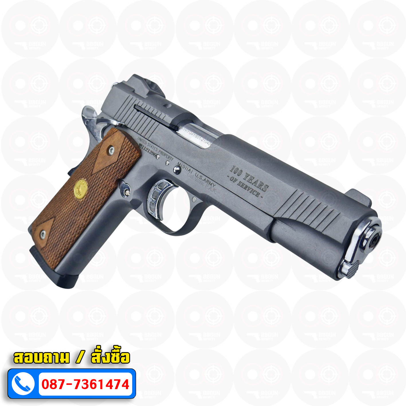 แบลงค์กัน KUZEY M1911 5 นิ้ว COLT GOVERMENT 100 Year สีสโมค blank gun ด้ามไม้ (แถมกล่องใส่ปืน)