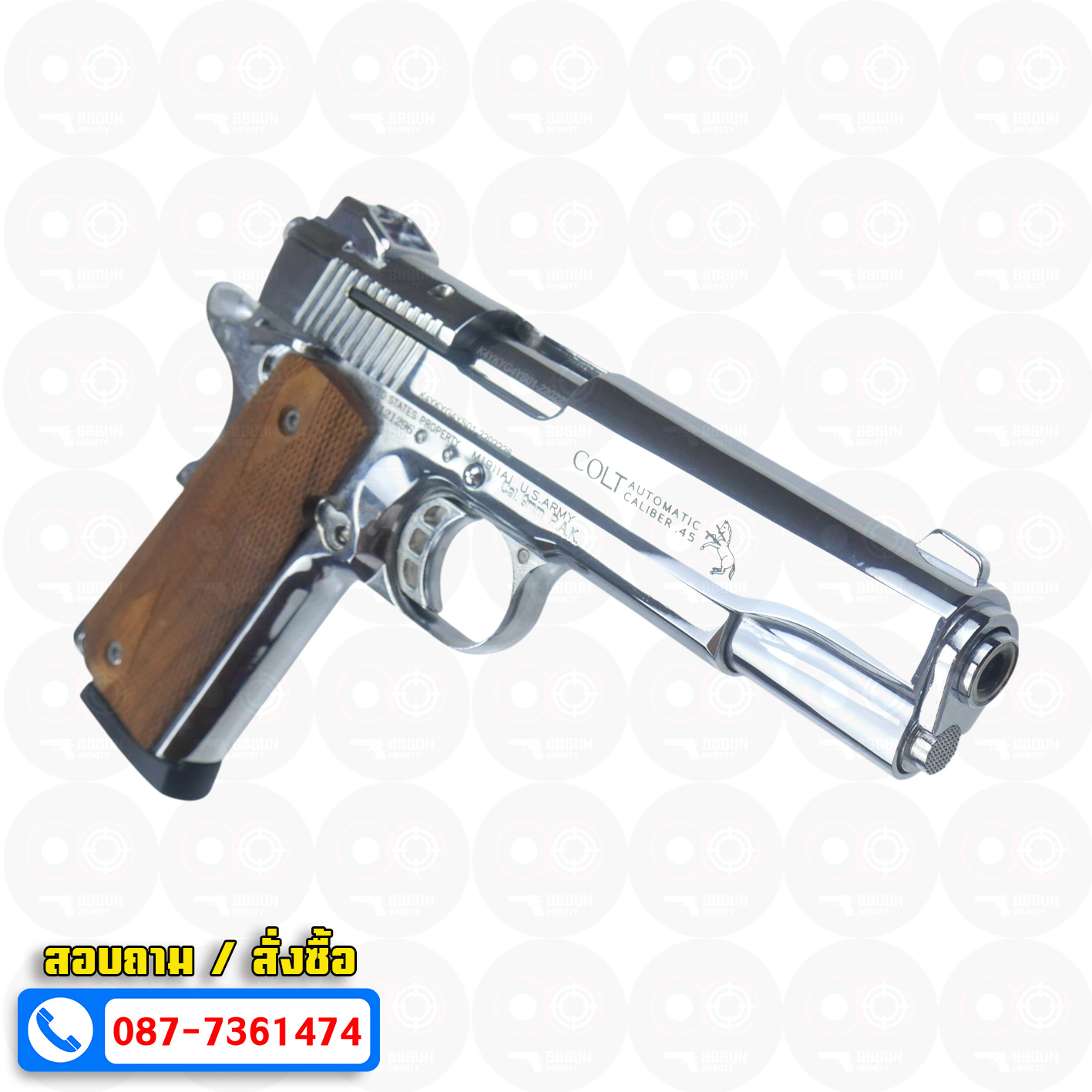 แบลงค์กัน KUZEY M1911 COLT MK IV SR70 สีเงินเงา 5 นิ้ว ด้ามไม้ blank gun