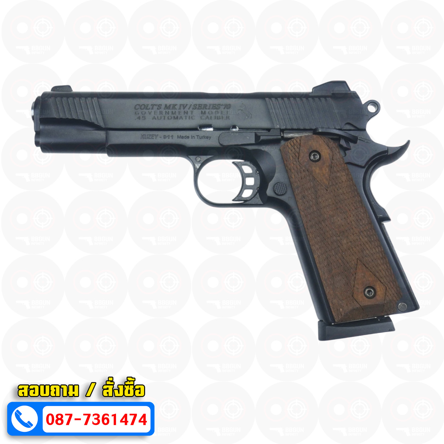 แบลงค์กัน KUZEY M1911 COLT'S MK IV SERIES'70 สีดำ ลำกล้อง 5 นิ้ว ด้ามไม้ blank gun