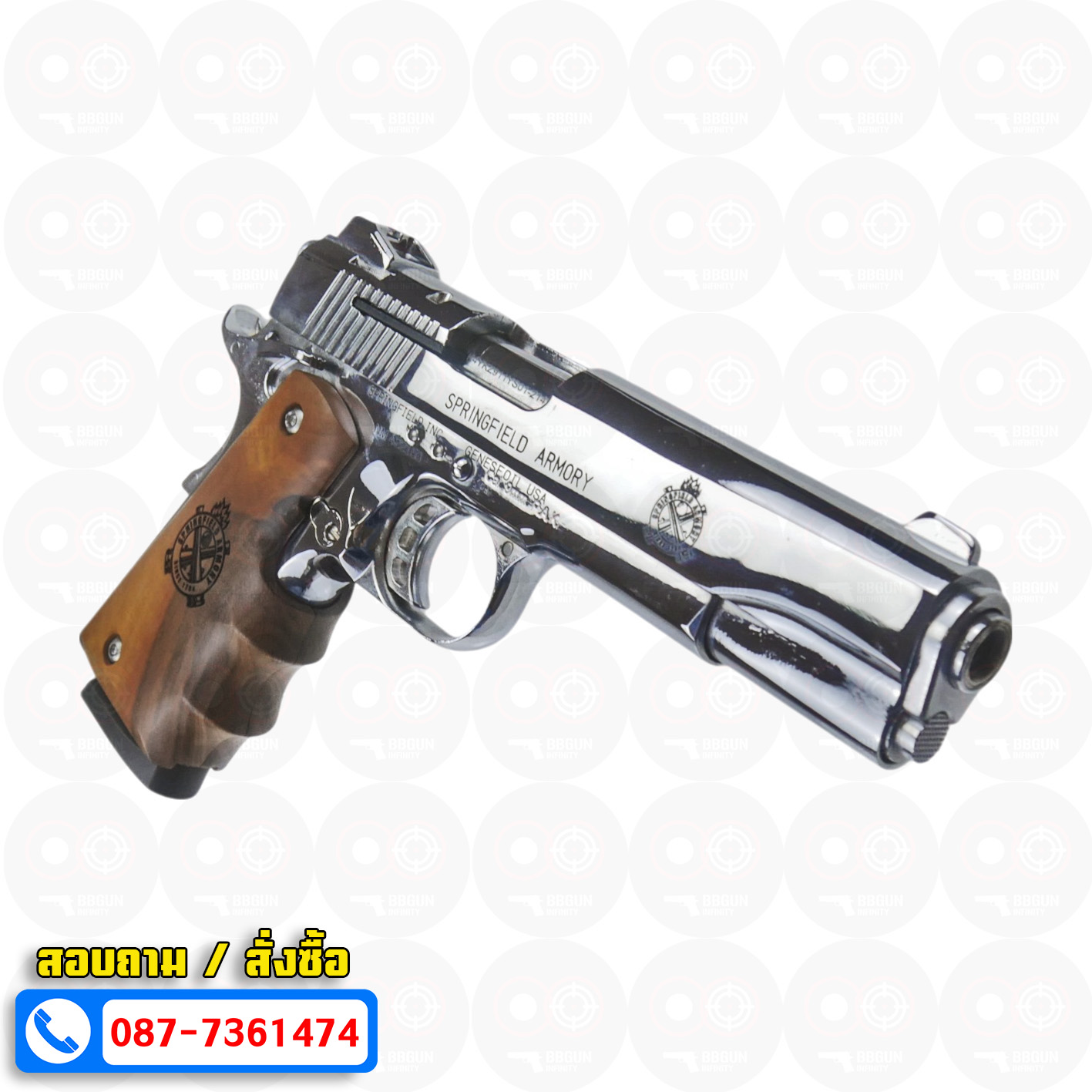 แบลงค์กัน KUZEY M1911-A1 ลำกล้อง 5 นิ้ว SPRINGFIELD ARMORY สีเงินเงา blank gun ด้ามไม้ (แถมกล่องใส่ปืน)