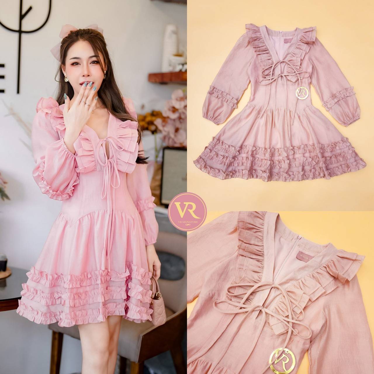 Dress สั้นแขนยาว คอวี แต่งระบายช่วงไหล่และด้านหน้า